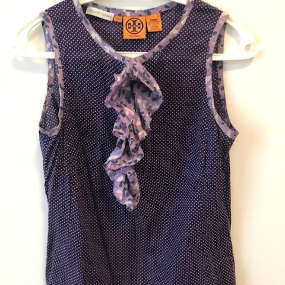 TORY BURCH PURPLE POLKA DOT RUFFLED SLEEVELESS TOP
